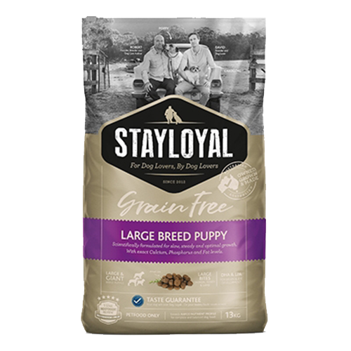 Front view of Stay Loyal Large Breed Puppy Food bag, featuring grain-free nutrition for optimal growth and proudly Australian Made.