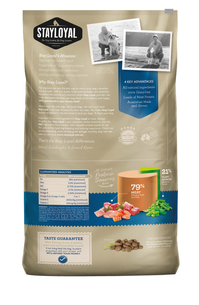 Nutrient-packed Stay Loyal Holistic Meat Blend dog food - a grain-free formula with 32% protein, featuring chicken, lamb, and fish. Ideal for dogs of all life stages.