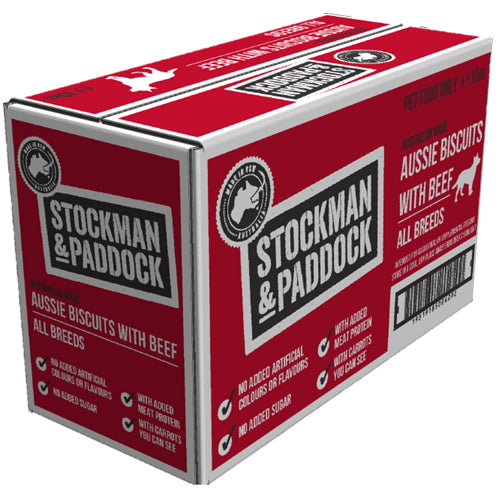 Product Packaging): Stockman & Paddock Aussie Beef Dog Biscuits 10kg bag – made in Australia with real meat protein for a tasty, natural treat.