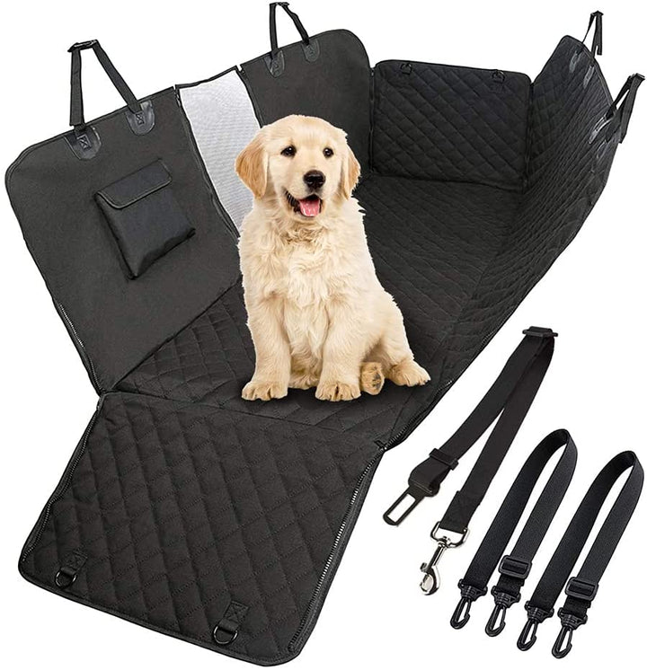 Packaging of Premium Waterproof Dog Seat Cover with Mesh Window for Cars, Trucks, and SUVs. Includes product, components, and installation instructions.