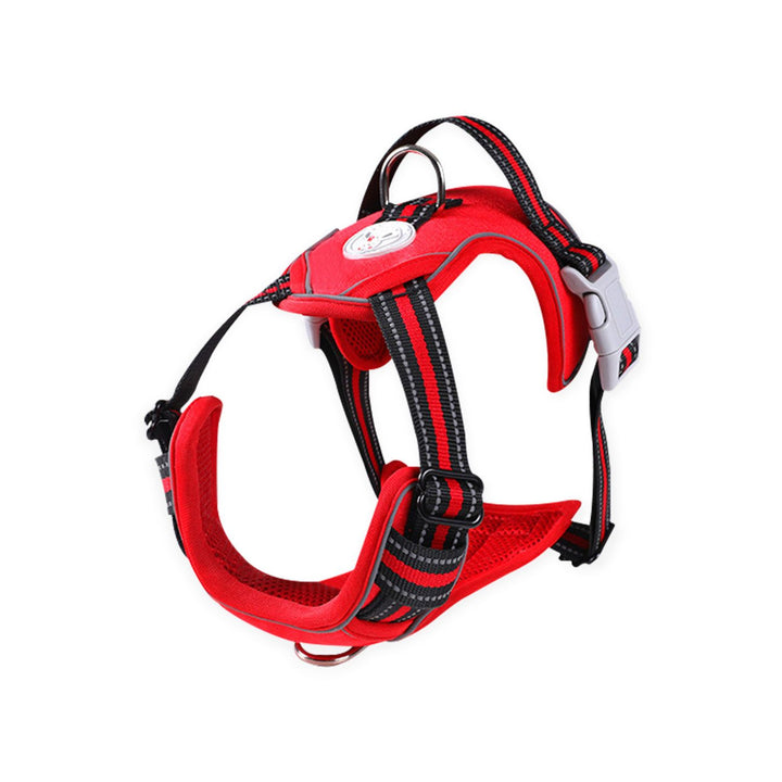 Packaging of the Floofi XL Dog Harness Vest in red, showing adjustable straps, padded mesh lining, quick-release buckles, and reflective strips.