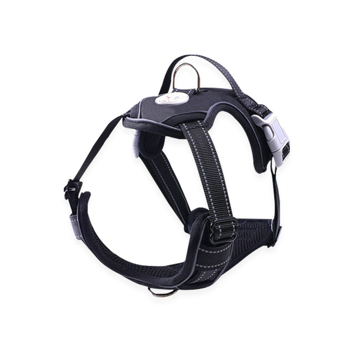 Packaging of the FLOOFI Dog Harness Vest XXL in black, showing adjustable straps, padded interior with mesh lining, heavy-duty oxford fabric, and reflective strips for night walking.