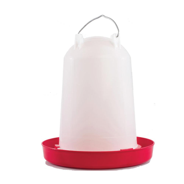 Packaging of the 10L Automatic Chicken Drinker from Rooster Farms, featuring a durable water dispenser with adjustable flow control and a variety of handle colors (red, green, or stainless steel).