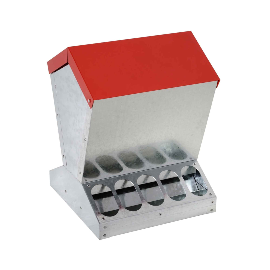 Packaging of the 10kg Galvanised Automatic Chicken Feeder Trough showing its robust construction and large capacity design.