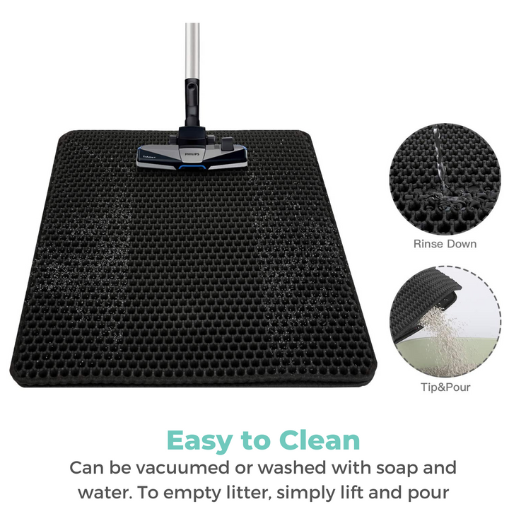 Easy Cleaning Process: Demonstration of cleaning the Waterproof Cat Litter Mat by lifting and letting litter fall through the honeycomb layer