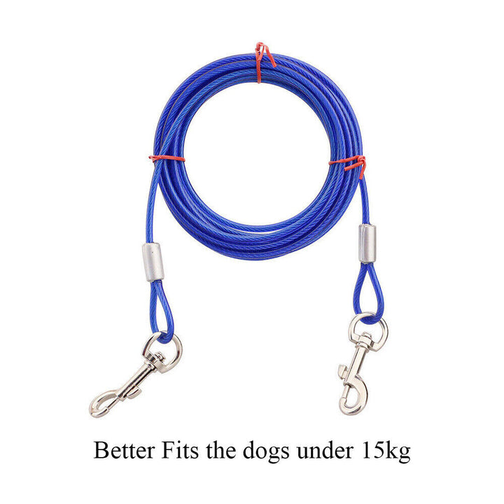 Packaging of the Heavy Duty 3M Dog Tie Out Cable Leash in blue/red color options, featuring tangle-free swivel clasps and a durable, weatherproof coating.