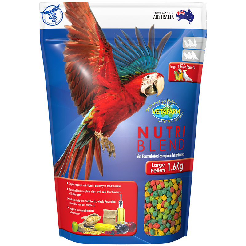 Front view of the Vetafarm Nutriblend Pellets Large 1.6kg packaging, designed for optimal bird nutrition and health.