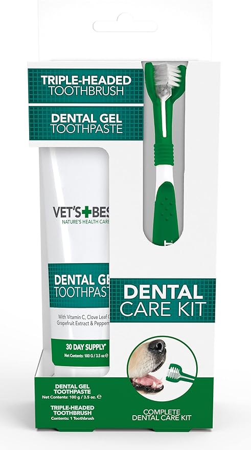 Front Packaging of Vet’s Best Dental Care Kit featuring a toothpaste tube and a triple-headed toothbrush.