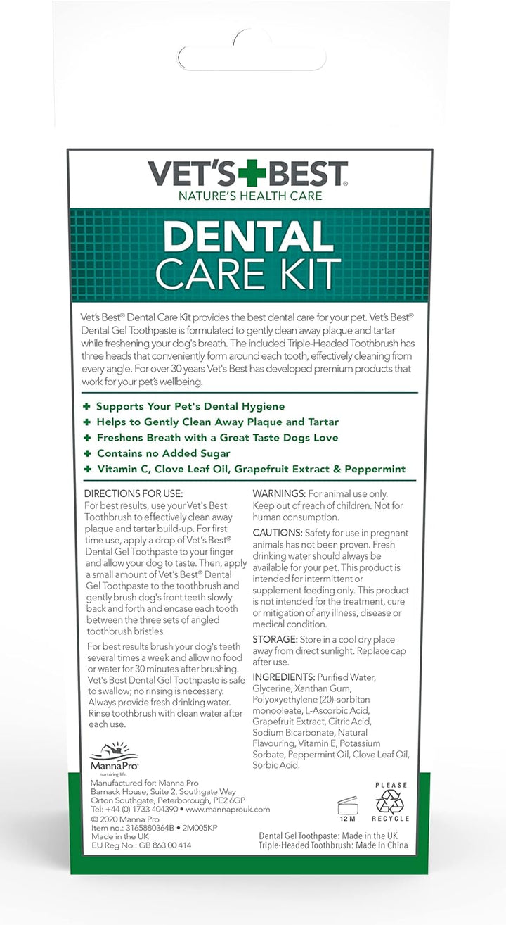 Back packaging of Vet’s Best Dental Care Kit featuring a toothpaste tube and a triple-headed toothbrush.