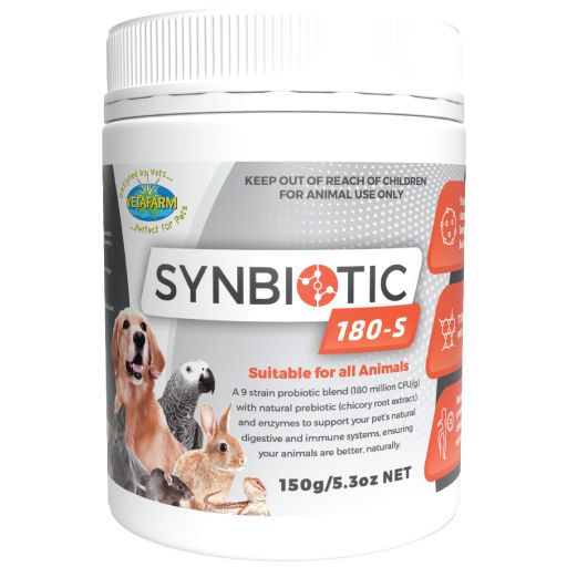 Packaging of Vetafarm Synbiotic 180-S, featuring a 150g or 450g container of a 9-strain probiotic and prebiotic blend suitable for all animals.