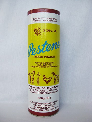 INCA Pestene Insect Powder 500g container, effective lice and mite treatment for poultry and other animals.