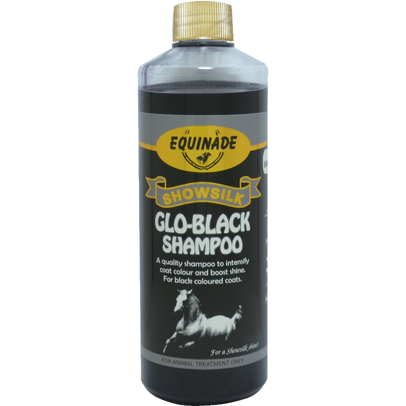 Equinade Showsilk Glo Black Shampoo 500ml packaging featuring a sleek bottle with a black label showcasing the product's name and brand logo, surrounded by vibrant illustrations of glossy animal coats.