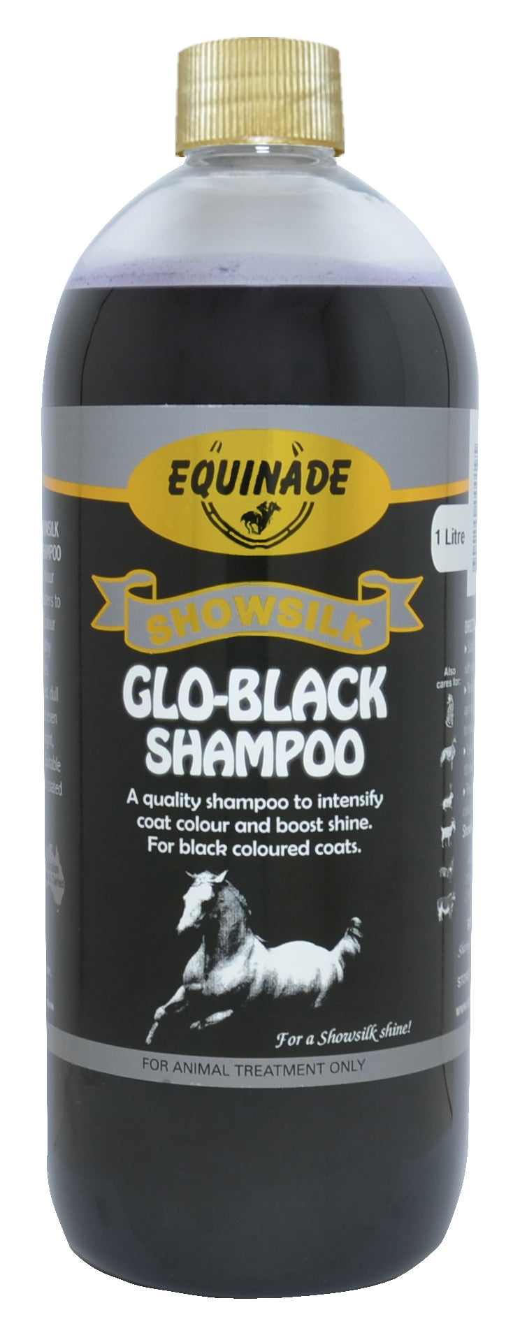 Equinade Showsilk Glo Black Shampoo 1l packaging featuring a sleek bottle with a black label showcasing the product's name and brand logo, surrounded by vibrant illustrations of glossy animal coats.