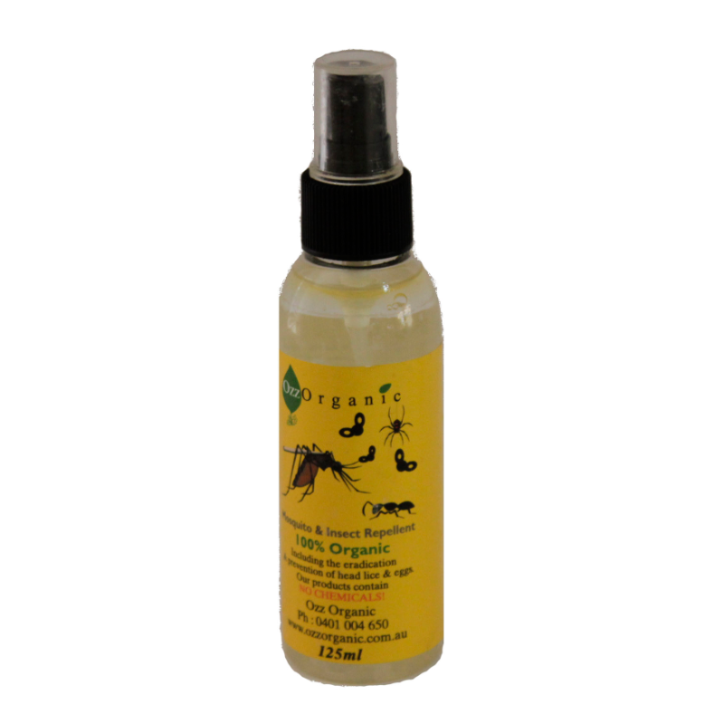 Ozz Organic Mosquito & Insect Repellent 125ml bottle with a green label, highlighting 100% organic ingredients and chemical-free formulation. Proudly Australian.