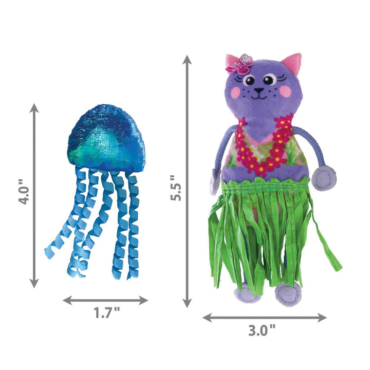 KONG Cat Tropics Hula Toys Size Guide: Visual size comparison chart featuring the KONG cat toys alongside a ruler for reference.