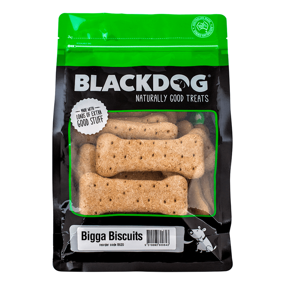 Low-fat, oven-baked Blackdog Bigga Biscuits for weight-conscious pooches in 1kg size