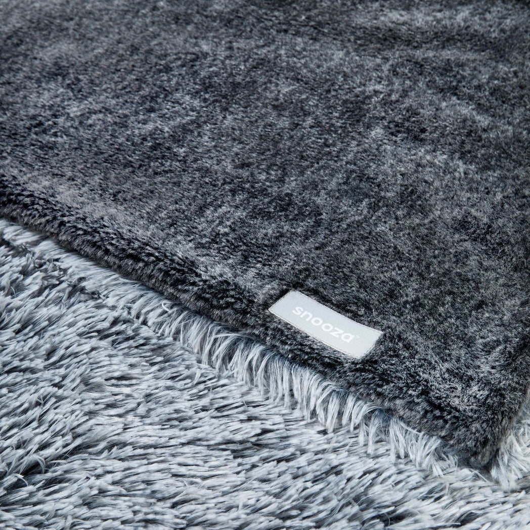 The reverse side of the Snooza Calming Cuddler Blanket displayed, highlighting its plush and soft texture in the Chinchilla fabric.