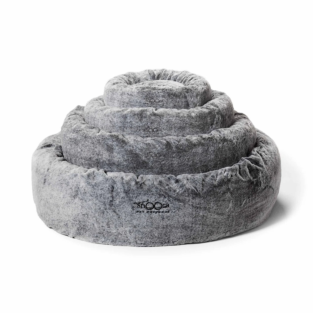 Snooza Chinchilla Cuddler Pet Beds in Various Sizes Stacked on Top of Each Other