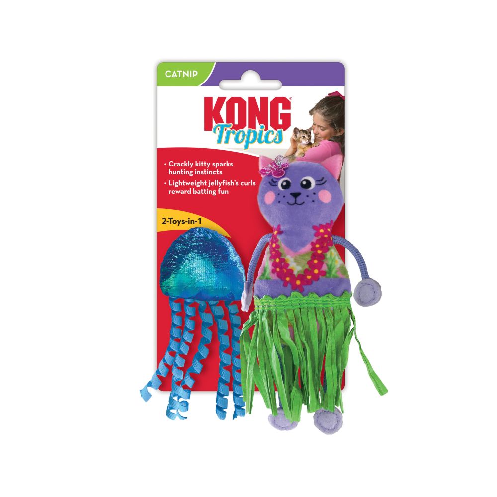 Two colorful KONG cat toys featuring a grass skirt, rope arms, and a shiny jellyfish with curly tentacles.