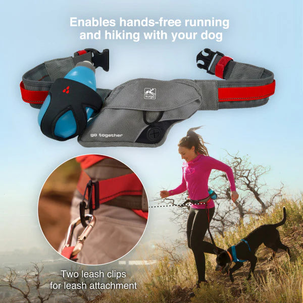 Leash clips and small port opening on Kurgo K9 Excursion Running Belt - "Two sliding leash clips and small port opening for added versatility