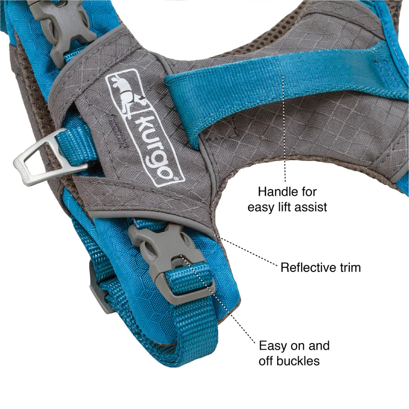 Detailed view of Kurgo Journey Air Harness showing quick-release buckles and back handle for easy on and off.