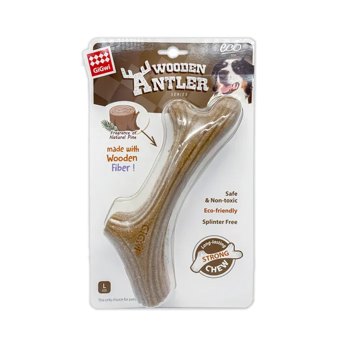 GiGwi Wooden Antler large size dog chew toy in eco-friendly packaging, designed for strong chewers.