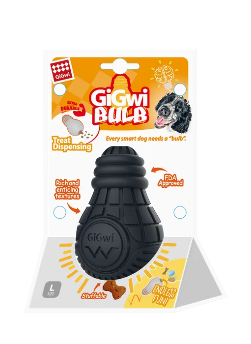 Large, black GiGwi Treat Dispensing Bulb in packaging, showcasing its eco-friendly natural rubber construction.