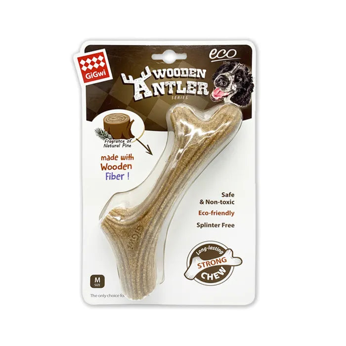 GiGwi Wooden Antler medium size dog chew toy in eco-friendly packaging, ideal for durable and safe chewing.