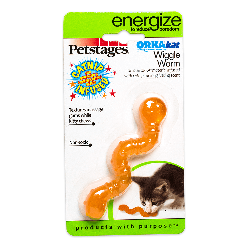 Petstages Orka Cat Wiggle Worm Chew Toy in packaging - ideal for active cats.