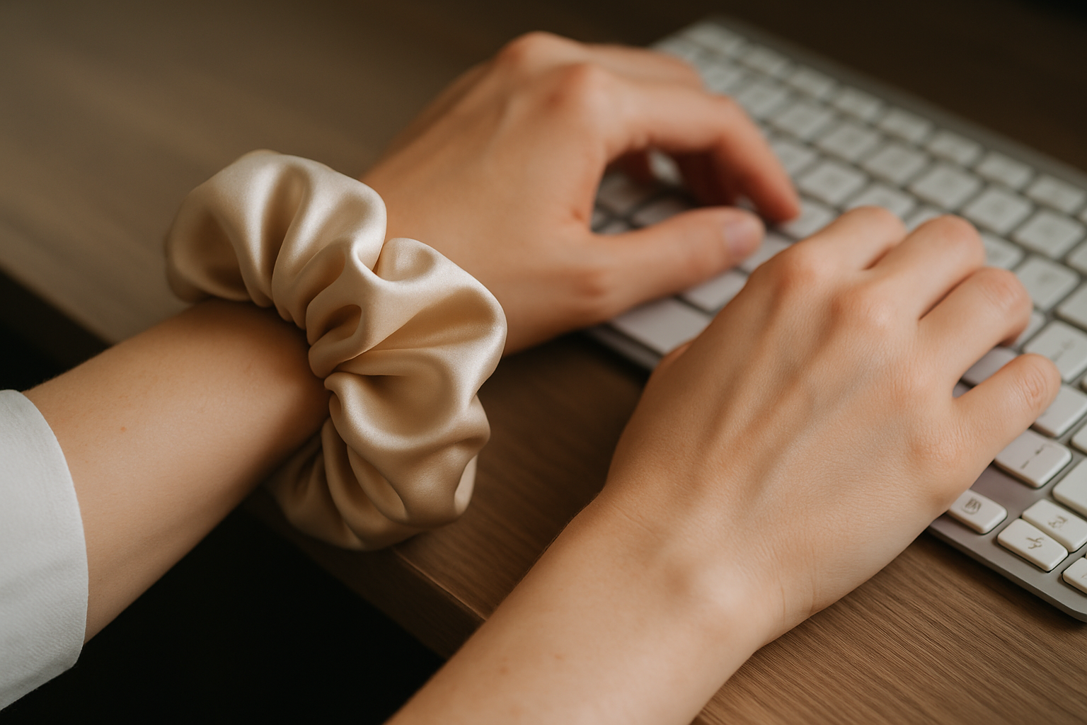 real looking silk scrunchie around the wrist of a person typing on a computer