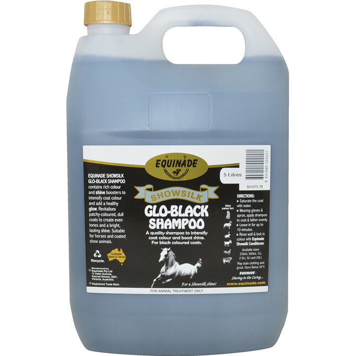 Equinade Showsilk Glo Black Shampoo 5L packaging featuring a sleek bottle with a black label showcasing the product's name and brand logo, surrounded by vibrant illustrations of glossy animal coats.