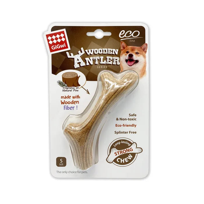 GiGwi Wooden Antler small size dog chew toy in eco-friendly packaging, perfect for strong chewers seeking a natural wood alternative.