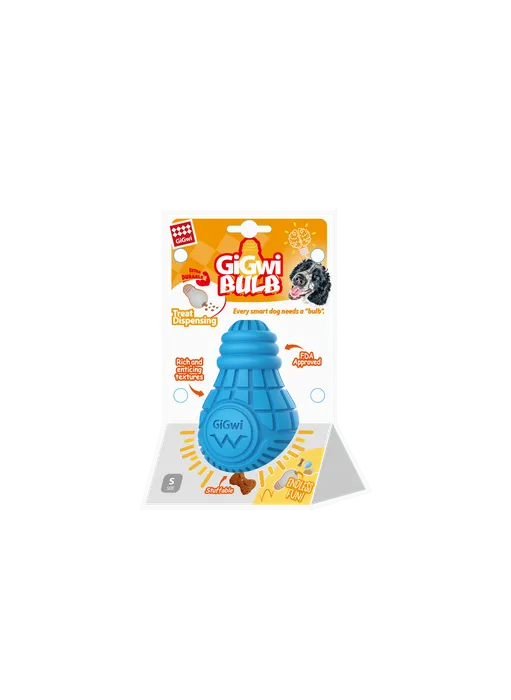 Small, blue GiGwi Treat Dispensing Bulb in packaging, emphasizing its eco-friendly natural rubber construction.